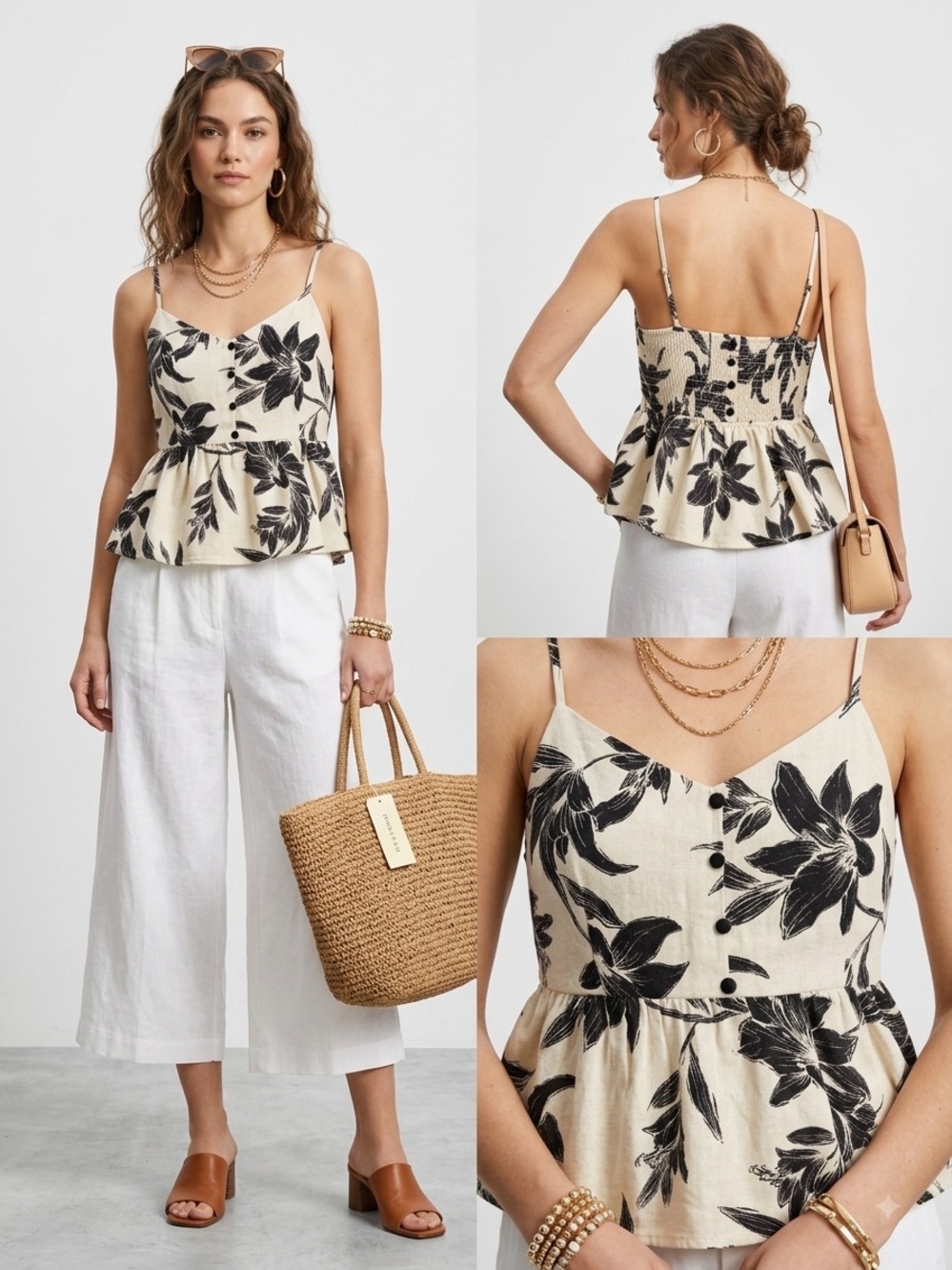 Floral Peplum Cami Top - Cream & Black